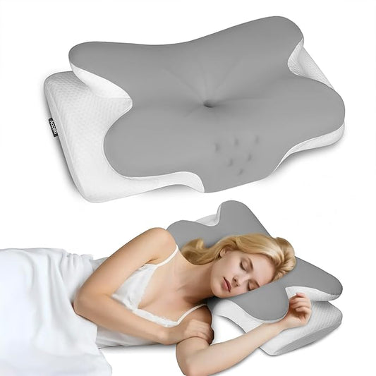 Cervical Neck Pillow for Sleeping,Memory Foam Pillows for Neck Pain Relief,Ergonomic Neck Support Contour Pillow for Side Back Stomach Sleepers,Orthopedic Breathable Pillowcase(Light Grey)