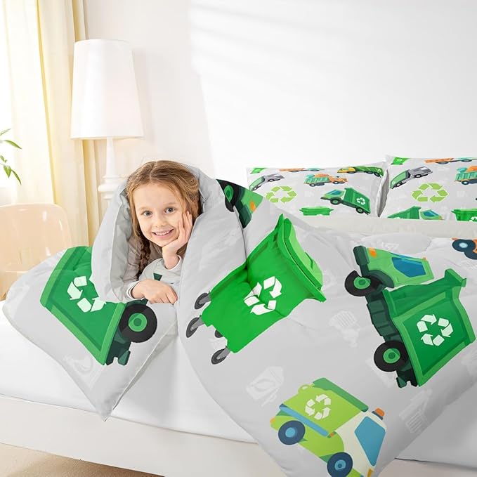 Feelyou Boys Green Garbage Truck Bedding Set - Cartoon Trash Truck Comforter Set for Kids - King Size with 2 Pillow Case