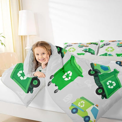 Feelyou Boys Green Garbage Truck Bedding Set - Cartoon Trash Truck Comforter Set for Kids Boys Girls Teens - Queen Size with 2 Pillow Case