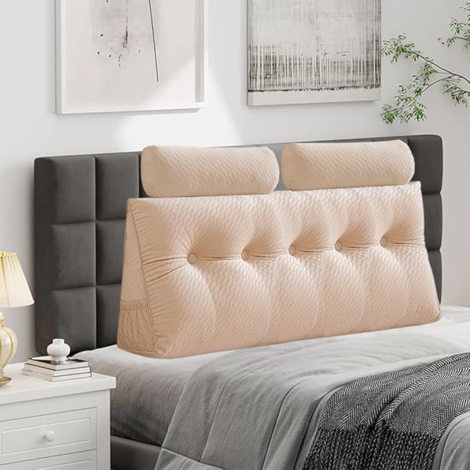 Velvet Triangular Headboard Wedge Pillow With Roll Pillow,Removable Cover Headboard Pillow Daybed Bunk Bed,Backrest Positioning Support Pillow Resting Reading Relaxing (Beige, Queen(59 * 20 * 8in))