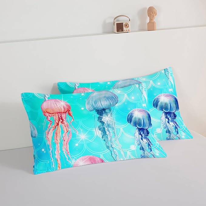 HOSIMA Colorful Jellyfish Comforter Set Full Size,Ocean Animal Theme Bedding Sets for Kids Boys Girls,Blue Fish Scales Glitter Marine Decor Comforter Bedding Collection with 2 Pillowcases.