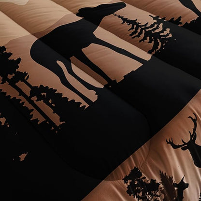 Cute Deer Comforter Set for Kids Boys Girls Child, Deer Tree Print Comforter Set Queen Size, 3 Pieces Lightweight Vintage Brown Elk Lovers Comforter with 2 Pillow Shams for All Seasons