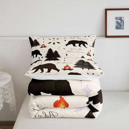 Happy Camping Comforter Set Queen Size,Hunt Bear Pine Trees Bedding Set for Kids Boys Girls Cabin Room Decor,Cartoon Campfire Arrow Stars Moon Quilt Set Adventure Duvet Insert Brown 3Pcs