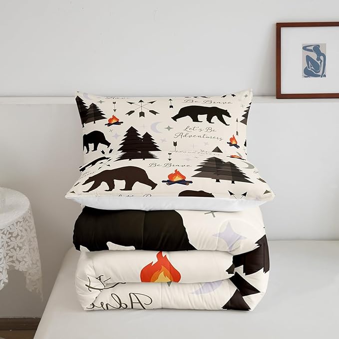 Happy Camping Comforter Set King Size,Hunt Bear Pine Trees Bedding Set for Kids Boys Girls Cabin Room Decor,Cartoon Campfire Arrow Stars Moon Quilt Set Adventure Duvet Insert Brown 3Pcs
