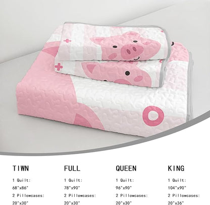 AILONEN Kids Cute Pig Quilt King Size Bedding Set & 2 Pillowcases,Cartoon Pig Bedspresd Coverlet,3Pcs Pink White Stripes Printed Quilt Set,All Season