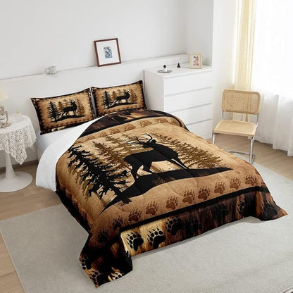 Feelyou Cute Deer Comforter Set for Girls Boys Kids Deer Hunting Bedding Set Room Decorative Rustic Bear Paw Print Bedding Set Canbin Deer Brown Duvet Set Queen Size 3Pcs Quilt Set
