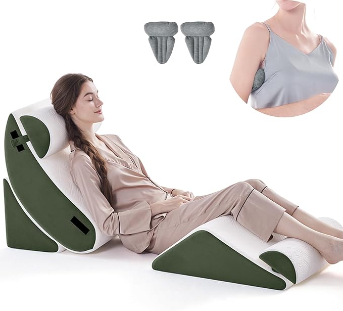 Wedge Pillow Set for After Surgery, 5 PCS Bed Wedge Pillow for Sleeping, Memory Foam Orthopedic Back Adjustable Pillow for Pain Relief and Acid Reflux with 2 PCS Axilla Pillow Green