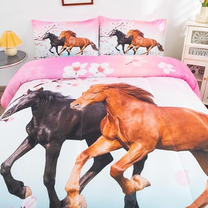 Feelyou Girls Horse Bedding Set Toddler Size Galloping Horses Comforter Set for Kids Teens Cherry Blossom Comforter 3D Wild Animal Duvet Set Farmhouse Bedroom Decor Quilt Set 2Pcs