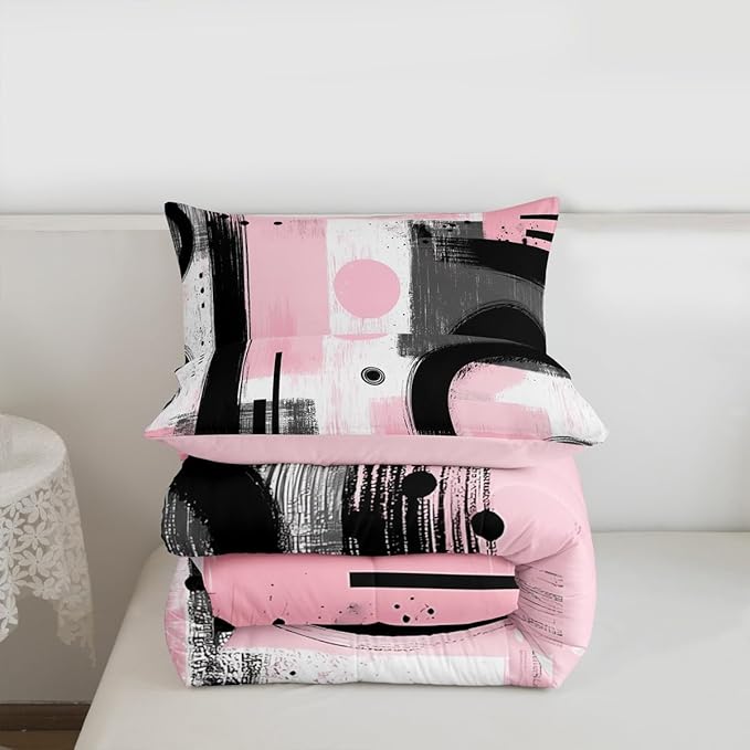Feelyou Kids Abstract Art Comforter Set King Size Geometric Bedding Set for Boys Girls Teens Bedroom Decor Geometric Pink Grey Black Comforter Women Men Modern Duvet Set with 2 Pillow Case