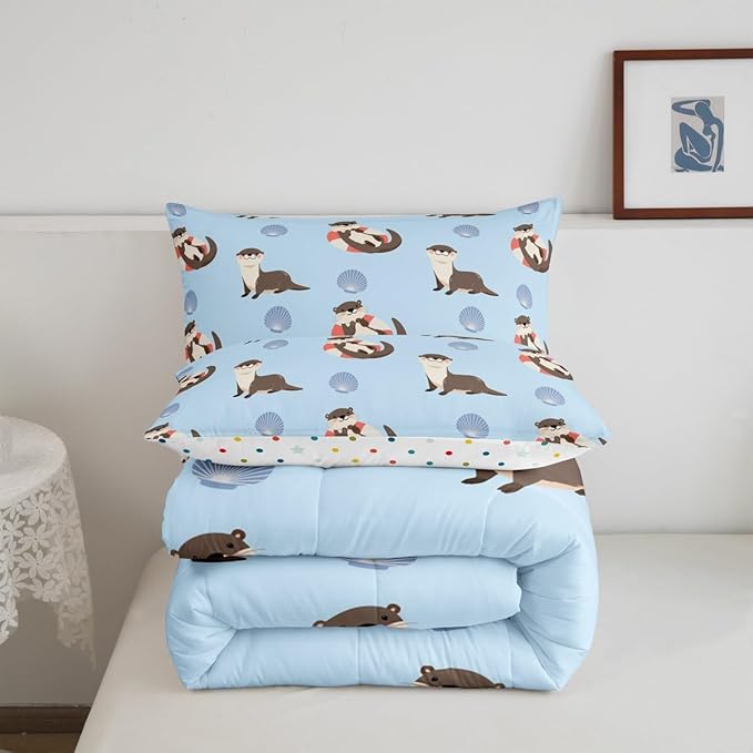 Cute Otter Kids Comforter Set Full Size 3 Pcs,Cartoon Blue Shell Summer Ocean Theme Bedding Set for Boys Girls Teens,Lovely Wild Animals Hippie Comforter Duvet Set with 2 Pillowcases