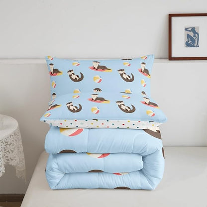 Cartoon Otter Kids Bedding Set,Colorful Ball Surfboard Summer Theme Comforter Set for Boys Girls Teens,Cute Kawaii Wild Animals Down Comforter with 2 Pillowcases Queen Size 3 Pcs