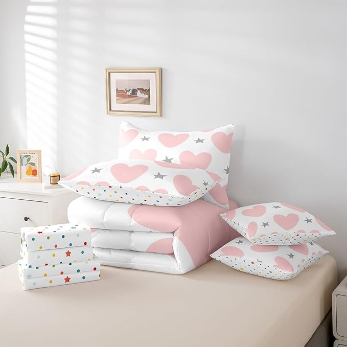 Feelyou Girls Cute Love Heart Comforter Set with Sheets 7 Piece Full Size Kids Lovely Warm Sweet Bed in a Bag Star Love Heart Pattern Bedding Set Breathable Romantic Pink Grey Bed Set Room Decor
