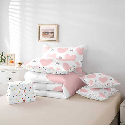 Feelyou Girls Cute Love Heart Comforter Set with Sheets 7 Piece Full Size Kids Lovely Warm Sweet Bed in a Bag Star Love Heart Pattern Bedding Set Breathable Romantic Pink Grey Bed Set Room Decor