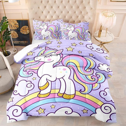 Axolotl Rainbow Unicorn Bedding Set King,Purple Unicorn Kids Comforter Set for Girls,Colorful Rainbow Bedding for Kids Teens Adults,Cartoon Stars Cloud Comforter,1 Quilt with 2 Pillowcases All Season