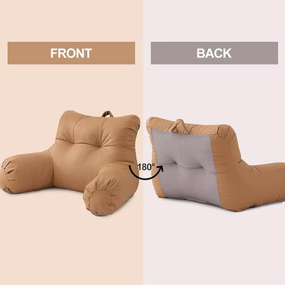 A Nice Night Faux Leather Reading Pillow for All Season,Wedge Bedrest Pillow Backrest with Arms Back Support for Sitting Up in Bed/Couch,Coral
