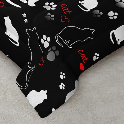 Kawaii Cat Animal Themed Comforter Set 3Pcs Twin Black White Pet Cat Bedding Set for Kid Teen Girl Boy Adult Room Decor Cartoon Cat Paw Heart Pattern Quilt with 1 Comforter and 2 Pillowcases