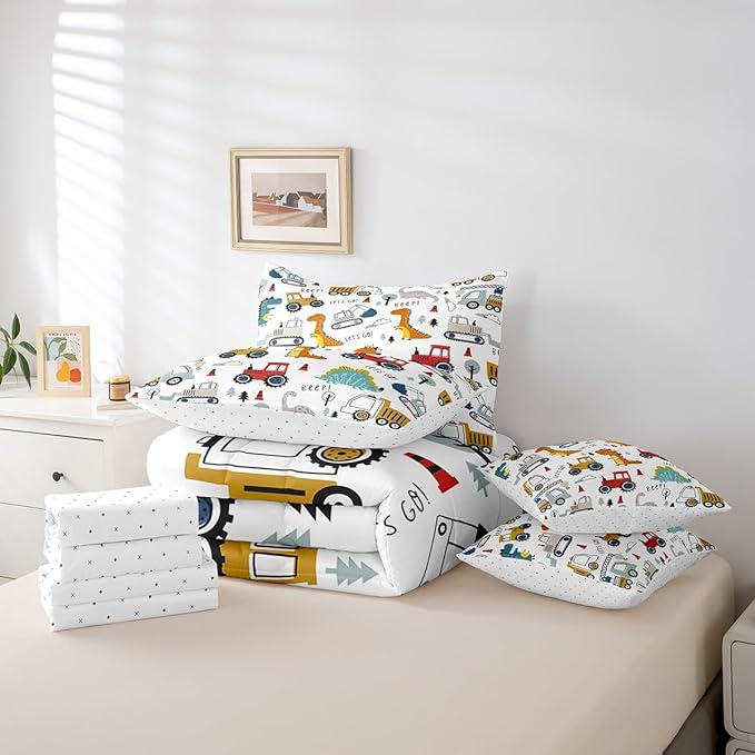 Feelyou Construction Comforter Set with Sheets 7 Piece Twin Size Kids Cartoon Dinosaur Bed in a Bag for Boys Equipment Trucks Bedding Set Construction Vehicles Kawaii Jungle Dino Bed Set Room Decor