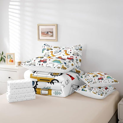 Feelyou Construction Comforter Set with Sheets 7 Piece Twin Size Kids Cartoon Dinosaur Bed in a Bag for Boys Equipment Trucks Bedding Set Construction Vehicles Kawaii Jungle Dino Bed Set Room Decor