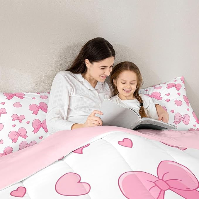 jejeloiu Pink Bowknot Comforter Set Queen Size Cartoon Bow Bedding Set for Kids Boys Girls Cute Love Heart Duvet Quilt White Pink Bedroom Decor Microfiber 3 Pcs with 2 Pillow Cases