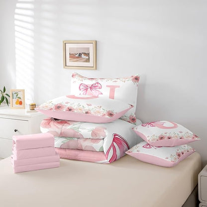Erosebridal Letter U Bowknot Girls Bedding Sets Initial Letter U Bow Queen Bed in A Bag for Women, Flower Floral Dreamy Princess Style Bed Set Bedroom Decor Pink Chic Girly Comforter Set with Sheets