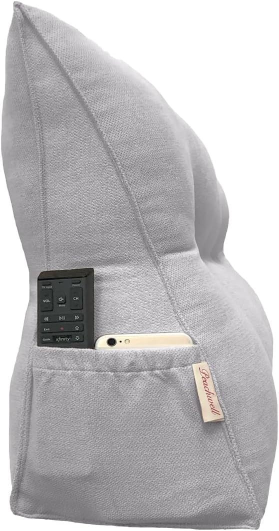 Triangular Reading Bed Rest Pillow Large Bolster Cushion Headboard Backrest Wedge Pillow with Removable Cover and Two Large Side Pockets (Chalk Grey, Queen: 59 x 8 x 20 inches)