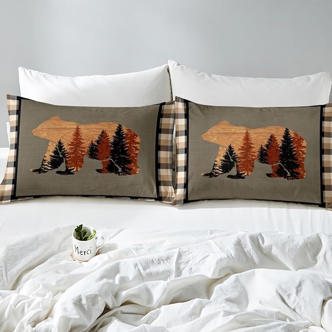 Feelyou Cute Bear Comforter Set Wild Animal Pattern Bedding Set for Teens Nature Wildlife Bear Bedding Set Western Farmhouse Orange Grey Duvet Set Room Decor Full Size Duvet Set 3Pcs