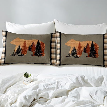 Feelyou Cute Bear Comforter Set Wild Animal Bedding Set for Teens Nature Wildlife Bear Bedding Set Western Farmhouse Orange Grey Duvet Set Room Decor King Size Duvet Set 3Pcs Boys
