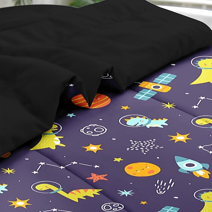 Comforter Set Queen Size, Space Astronaut Dinosaur 7 Pcs Bedding for Kids and Adults, Funny Galaxy Dino Planet Bed Sheet Sets with Fitted Sheet 2 Pillowcases & 2 Shams for Bedroom Bed Decor