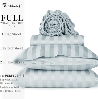 URBANHUT 1000 Thread Count Damask Striped Full Sheet Set Egyptian Cotton, Long Staple Soft & Breathable, 4 Pc Bed Sheet Sets, Luxury Hotel Sateen Sheets Fits 16" Deep Pocket - Light Blue