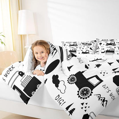 Feelyou Construction Bedding Set Twin Size Equipment Trucks Comforter Set for Kids Boys Girls Decor Cartoon Car Excavator Tractor Comforter Black White Duvet Set Bedroom Quilt Set with 1 Pillow Case