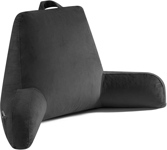 Reading Pillow for Sitting in Bed Adult, Reading Pillow with Shredded Memory Foam, Back Pillow for Bed Sitting Up with Extend Arms, Pockets, Pillow with Washable Cover,Black, X-Large