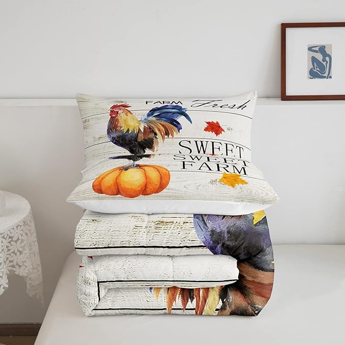 Rustic Farmhouse Bedding Set Full Size,Farm Chicken Comforter for Kids Teens Adults Home Room Decor,Fall Pumpkin Maple Leaf Quilted Duvet Animals Plants Insert,2 Pillowcases,Colorful