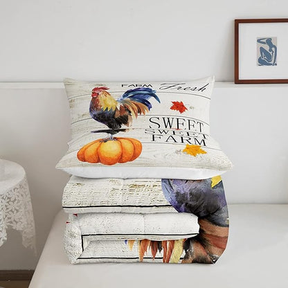 Chicken Comforter Set Twin Size,Rustic Farmhouse Barn Bedding Set for Kids Teens Adults Home Room Decor,Fall Pumpkin Maple Leaf Quilt Set Animals Plants Duvet Insert,1 Pillowcase,Colorful