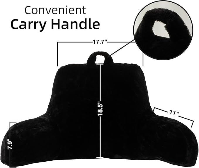 A Nice Night Faux Fur Reading Pillow Bed Wedge Large Adult Children Backrest with Arms Back Support for Sitting Up in Bed/Couch for Bedrest,Black,Large