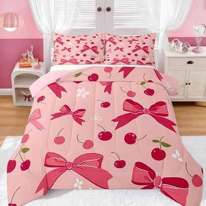 Feelyou Bow Comforter Set for Girls Boys Kids Twin Size Cheery Comforter Room Decor Cute Bedding Set Hot Pink Duvet Set