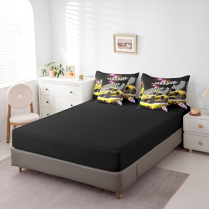Feelyou Yellow Racing Car 7 Piece Bedding Set King Size Extreme Sport Comforter Set with Sheets for Kids Boys Girls Teens Toddler Fast and Furious Bed in a Bag Black White Flag Bed Set