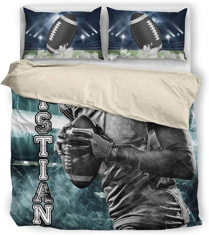 Personalized American Football Bedding Set, Kids 3 Piece Duvet Cover Set with Pillow Shams for Teens Boys, NO Comforter, Twin Size for Rugby Lovers (Football 02)