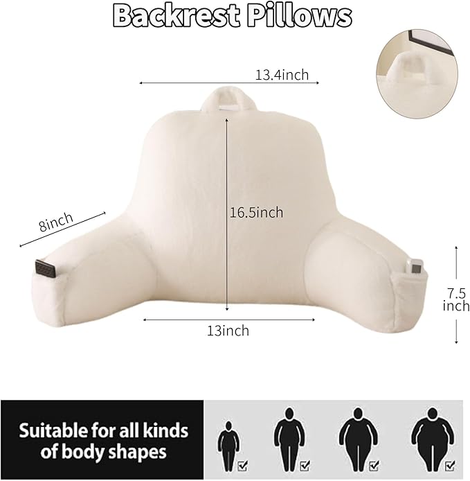 Reading Pillow for Sitting in Bed, Large Backrest Reading Pillow with Arm Rest,Back-Rest Support Cushion for Sit Up on Couch, Sofa, and Floor, Dorm Essentials (White Faux Fur, Standard(17"))