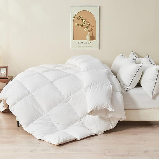 100% Organic Feather Down Comforter California King, Luxury Extra-Fluffy Duvet Insert, All Season Bed Comforter with Ultra-Soft Organic Cotton Case (104x96 Inch, Ivory White)