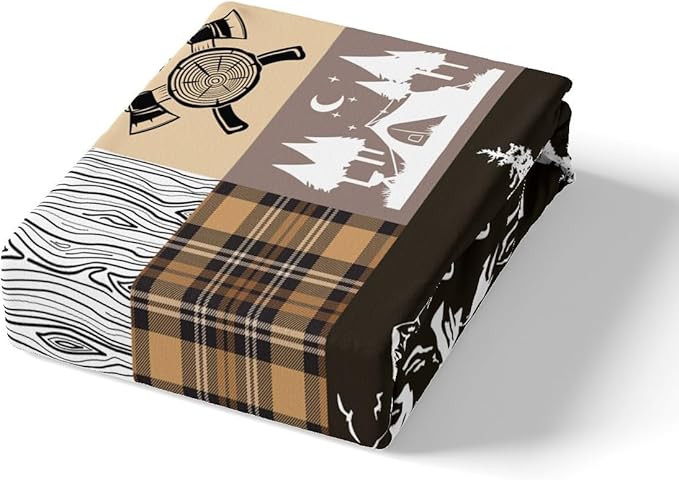 Happy Camping Bedding Set King Size for Teens,RV Camper Adventure Tent Patchwork Comforter Cover with 2 Pillowcases,Rustic Farmhouse Lake Cabin Brown Check Duvet Cover Set Microfiber Quilt Cover