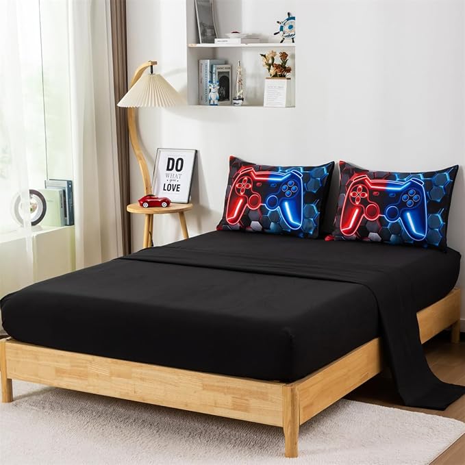 NTBED 3D Gaming Comforter Set for Boys Kids Teens,5pcs Gamer Bedding Sets with Sheet,Game Console Bed in a Bag (Red Blue, Full)