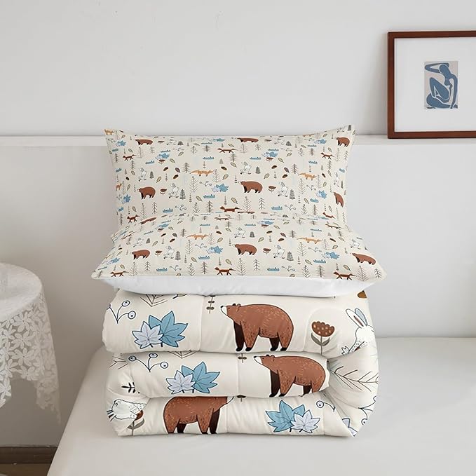 Kids Bear Fox Comforter Set Queen Size Cartoon Rabbit Pine Trees Bedding Set 3Pcs,Girls Boys Teens Jungle Adventure Hunt Animals Quilt Set Room Decor Rustic Beige Duvet Insert,2 Pillowcases