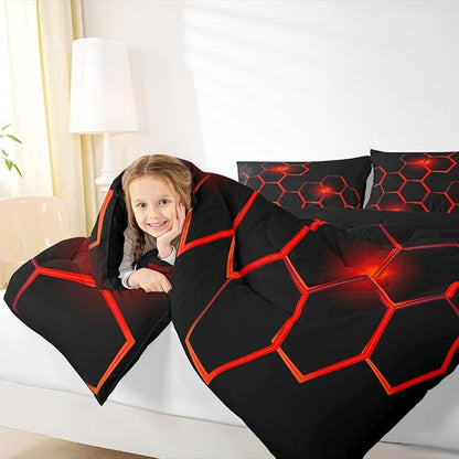 Feelyou Honeycomb Kids Comforter Set Modern Hexagon Bedding Set for Boys Children Teens Bedroom Decor Geometrical Comforter Beehive Geometric Black Red Duvet Set Full Size with 3 Pillow Case