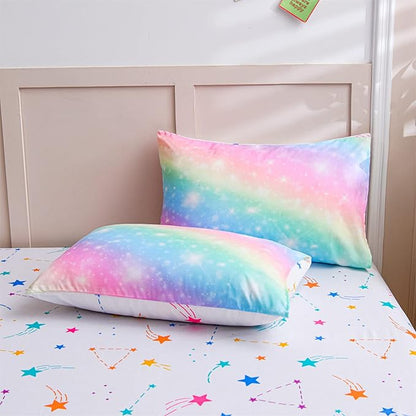 A Nice Night 6Pcs Gradient Glitter Bedding Set for Girls, Colorful Rainbow Galaxy Comforter Set, Ultra Soft Bedding Sets (Pink,Queen 6Pcs)