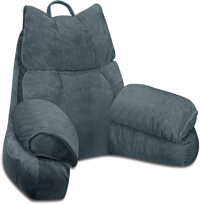 RRPAHWTV Reading Pillow for Bed with High Arm Rests ,Back Support Pillow for Sitting Up in Bed with Shredded Memory Foam for Reading, TV, Gaming or Relaxing on Floor（Charcoal Gray, Large）