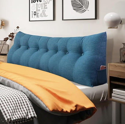 14 lbs Thickened Headboard Pillow Wedge Pillow Headboard Reading Pillow Bed for Backrest Reading Triangular Pillow with Side Pocket for Sitting in Bed Cotton Linen Blue King
