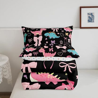 Cute Dino Kids Comforter Set Queen Size,Kawaii Bowknot Heart Princess Style Reversible Bedding Set for Adult,Pink Black Dinosaur Cartoon Animal Luxury Bed Duvet Insert,2 Pillowcases