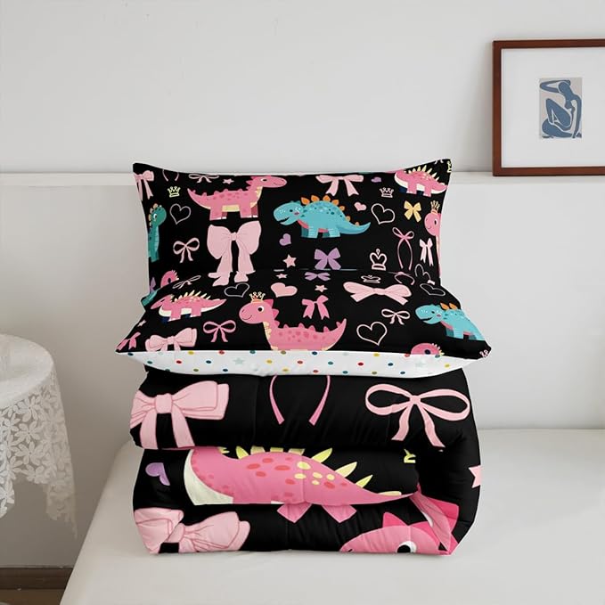 Cute Dino Kids Comforter Set Toddler Size,Kawaii Bowknot Heart Princess Style Reversible Quilt Set for Boys Bedroom Decor,Pink Black Dinosaur Cartoon Animal Duvet Insert,1 Pillowcase