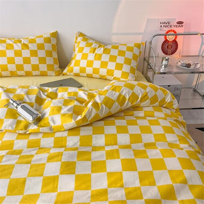 Wellboo Yellow White Plaid Comforter Sets King Women Men Checkerboard Grid Bedding Comforters Cotton Modern Bright Yellow Checkered Geometric Quilts Luxury Abstract Bed,King-104''*90''