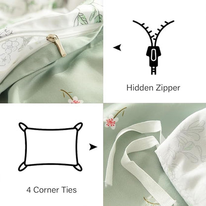 Botanical Duvet Cover Full Sage Green Reversible Floral Bedding Set Farmhouse Leaf Bedding 3Pcs Modern Aesthetic Duvet Covers with Zipper Closure Ultra Soft Microfiber